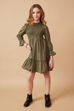 GK1446 OLIVE Girls Poplin Smocked Bodice Peasant Sleeve Dress Full Body