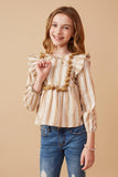 GK1447 MUSTARD Girls Textured Stripe Tasseled Bodice Top Front