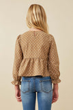 GK1457 Mocha Girls Polka Dot Cinched Cuff Peplum Top Back