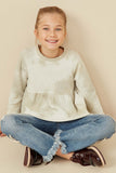 GK1470 Thyme Girls Cloud Printed Waffle Knit Raglan Peplum Top Pose