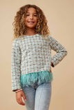 GK1515 Green Girls Feather Trimmed Long Sleeve Tweed Top Front