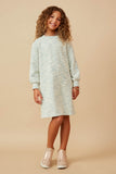 GK1522 GREEN Girls Lurex Tweed Long Sleeve Shift Dress Full Body