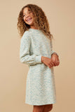 GK1522 GREEN Girls Lurex Tweed Long Sleeve Shift Dress Side