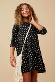 GK1572 BLACK Girls Ditsy Heart Print Asymmetric Ruffle Dress Front