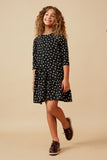 GK1572 BLACK Girls Ditsy Heart Print Asymmetric Ruffle Dress Full Body