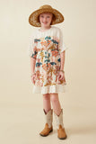 GK1597 IVORY Girls Contrast Tree Print Dolman Sleeve Dress Full Body