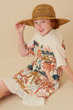 GK1597 IVORY Girls Contrast Tree Print Dolman Sleeve Dress Pose