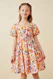 GK1618 Pink Girls Square Neck Puff Sleeve Floral Dress Front