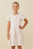 GK1680 Pink Girls Floral Textured Cap Sleeve Dress Front