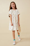 GK1683 Off White Girls Floral Embossed Printed Puff Sleeve Dress Full Body