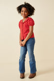 GK1688 Red Girls Ditsy Heart Ruffled Collar Button Up Shirt Full Body