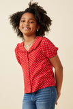 GK1688 Red Girls Ditsy Heart Ruffled Collar Button Up Shirt Front 2