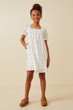 GK1689 Off White Girls Ditsy Hearts Square Neck Puff Sleeve Dress Full Body