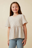 GK1726 Taupe Girls Textured Stripe Chevron Panel Peplum Top Front