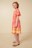 GK1808 Pink Girls Bordered Hem Floral Print V Neck Dress Side