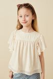 GK1832 Ivory Girls Textured Ruffled Flutter Sleeve Top Front