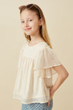 GK1832 Ivory Girls Textured Ruffled Flutter Sleeve Top Side