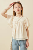 GK1832 Ivory Girls Textured Ruffled Flutter Sleeve Top Front 2