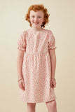 GK1839 Pink Girls Ditsy Floral Cinch Sleeve V Neck Dress Front