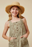 GK1859 Olive Girls Floral Print Button Detail Tank Dress Front 2