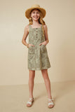 GK1859 Olive Girls Floral Print Button Detail Tank Dress Full Body