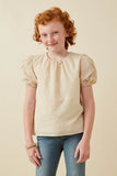 GK1893 Beige Girls Seersucker Textured Puff Sleeve Top Front