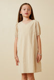 GK1894 Beige Girls Seersucker Texured V Neck Puff Sleeve Dress Front