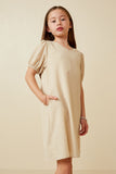 GK1894 Beige Girls Seersucker Texured V Neck Puff Sleeve Dress Side