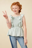 GK1930 Sage Girls Handkerchief Print Smocked Ruffle Tank Front