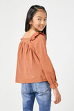 GN4008 BROWN Girls Ruffle Shoulder Square Neck Long Sleeve Top Back