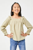 GN4008 SAGE Girls Ruffle Shoulder Square Neck Long Sleeve Top Front