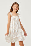 GN4025 OFF WHITE Girls Floral Flutter Shoulder Square Neck Dress Detail