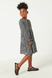 GN4117 BLACK Girls Ditsy Floral Tie Neck Long Sleeve Dress Side