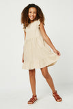 GN4121 OATMEAL Girls Linen Look Ruffled Sleeve Keyhole Dress Front