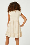 GN4121 OATMEAL Girls Linen Look Ruffled Sleeve Keyhole Dress Back