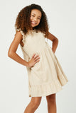 GN4121 OATMEAL Girls Linen Look Ruffled Sleeve Keyhole Dress Full Body