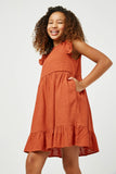 GN4121 RUST Girls Linen Look Ruffled Sleeve Keyhole Dress Back