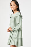 GN4157 OLIVE Girls Ruffled Shoulder Long Sleeve Dress Side