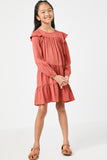 GN4157 RUST Girls Ruffled Shoulder Long Sleeve Dress Full Body