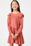 GN4157 RUST Girls Ruffled Shoulder Long Sleeve Dress Detail