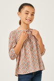 GN4172 IVORY Girls Tie Neck Floral Printed Peasant Top Detail