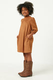 GN4213 BROWN Girls Gathered Puff Shoulder Suede Dress Side