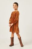 GN4220 CAMEL Girls Ribbed Velvet Ruffled Tiered Dress Side