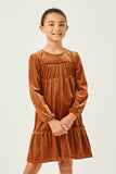 GN4220 CAMEL Girls Ribbed Velvet Ruffled Tiered Dress Front