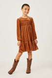 GN4220 CAMEL Girls Ribbed Velvet Ruffled Tiered Dress Full Body