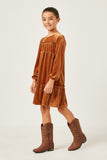 GN4220 CAMEL Girls Ribbed Velvet Ruffled Tiered Dress Side 2