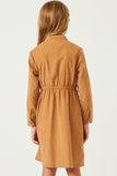 GN4259 CAMEL Girls Button Down Cinched Waist Corduroy Dress