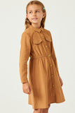 GN4259 CAMEL Girls Button Down Cinched Waist Corduroy Dress