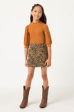 GN4278 TAN Girls Corduroy Zebra Print Slit Skirt Full Body