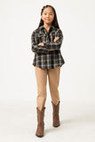 GN4285 BLACK Girls Heavy Plaid Patch Pocket Shacket Full Body